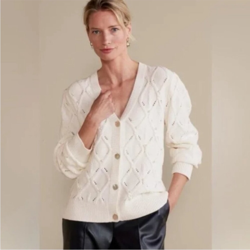Soft Surroundings Pearl Cable Knit Fisherman Cardigan medium $98 winter white